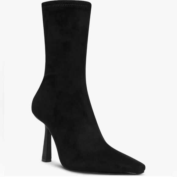 NWOB Steve Madden Vakay Black Faux Suede High Heel Stretch Sock Booties size 8.5 - Picture 1 of 12